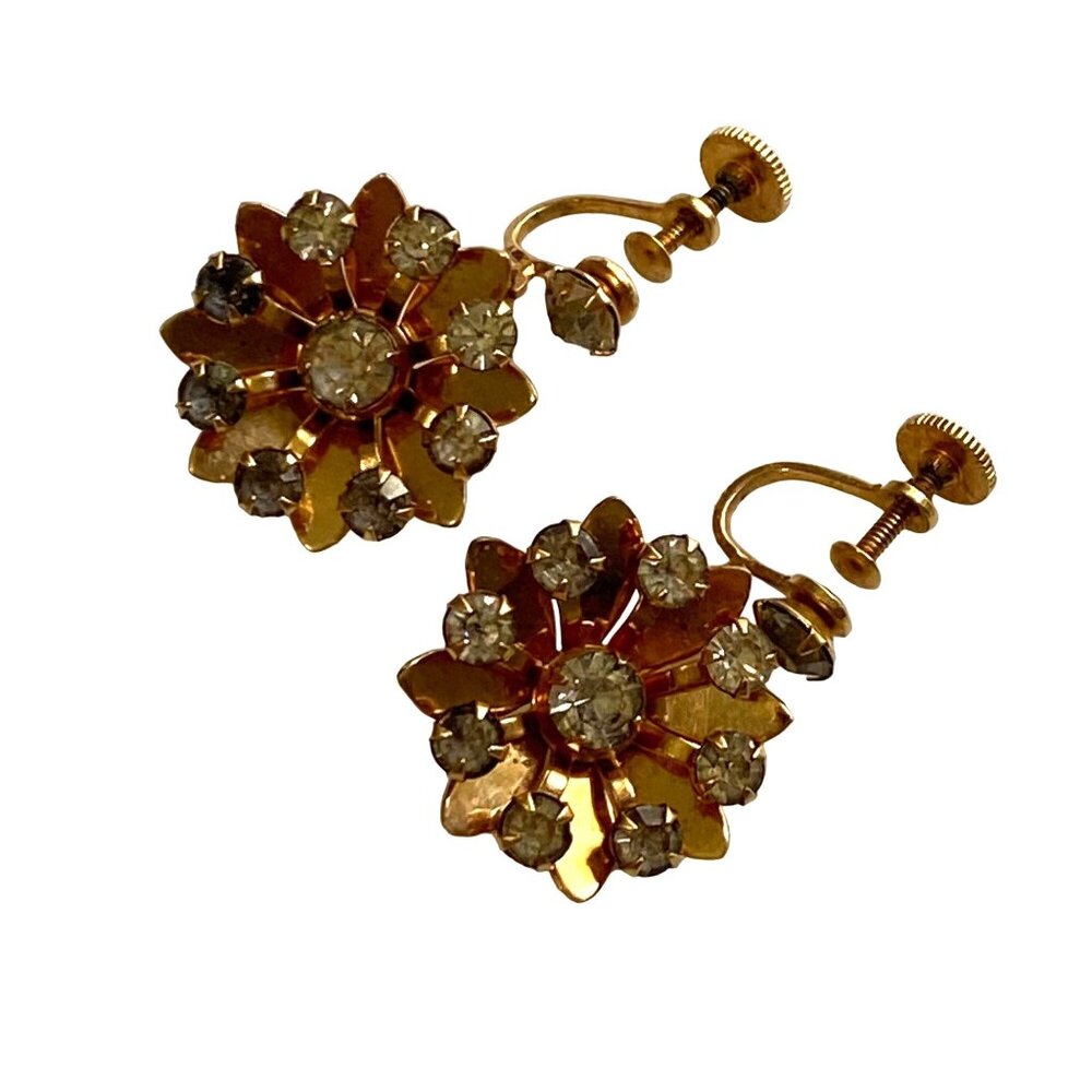 Vintage Bugbee & Niles‎ Rhinestone Flower Dangle Earrings Screw Back Costume